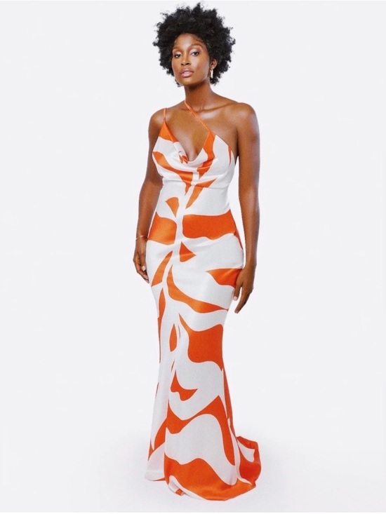 Hanifa Dresses & Skirts - Hanifa Orange and White One-Shoulder Slip Gown
